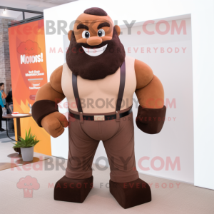 Brown Strongman mascot costume character dressed with a Romper and Pocket squares