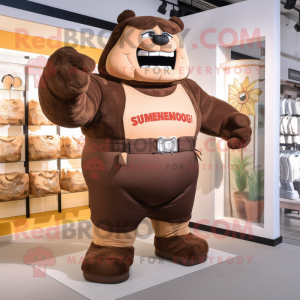 Brown Strongman mascot costume character dressed with a Romper and Pocket squares