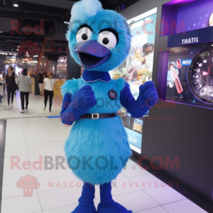 Blue Ostrich mascot costume character dressed with a A-Line Dress and Digital watches