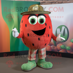 Rust Watermelon mascot costume character dressed with a Henley Shirt and Rings