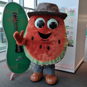 Rust Watermelon mascot costume character dressed with a Henley Shirt and Rings