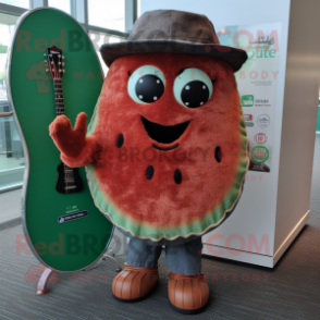 Rust Watermelon mascot costume character dressed with a Henley Shirt and Rings