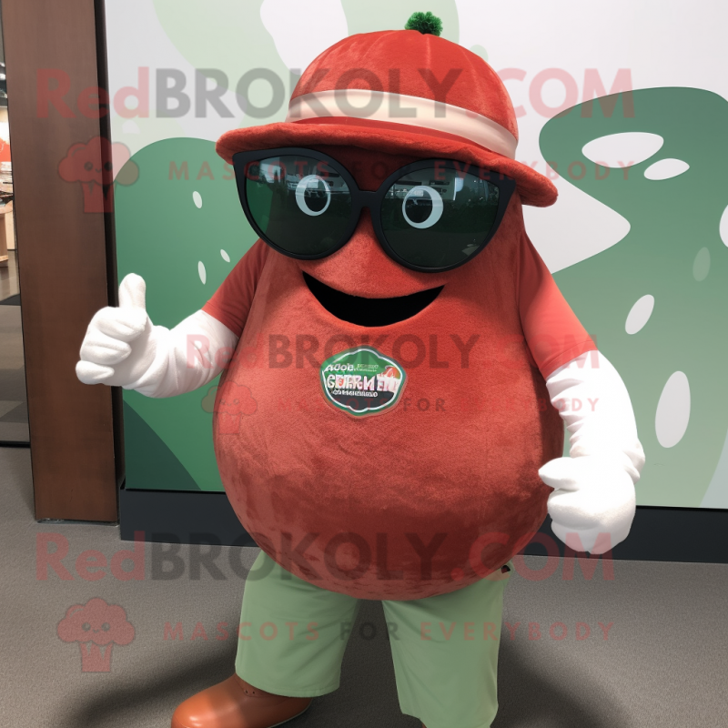 Rust Watermelon mascot costume character dressed with a Henley Shirt and Rings