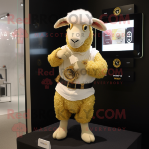 Gold Sheep mascot costume character dressed with a Sheath Dress and Digital watches