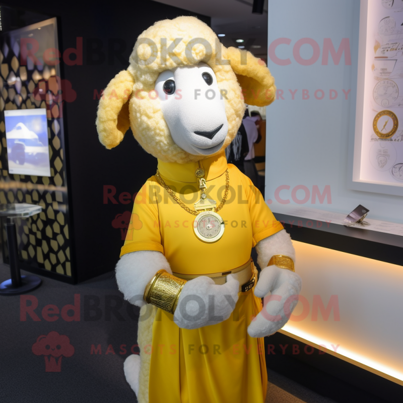 Gold Sheep mascot costume character dressed with a Sheath Dress and Digital watches Gold Sheep mascot costume character dressed with a Sheath Dress and Digital watches