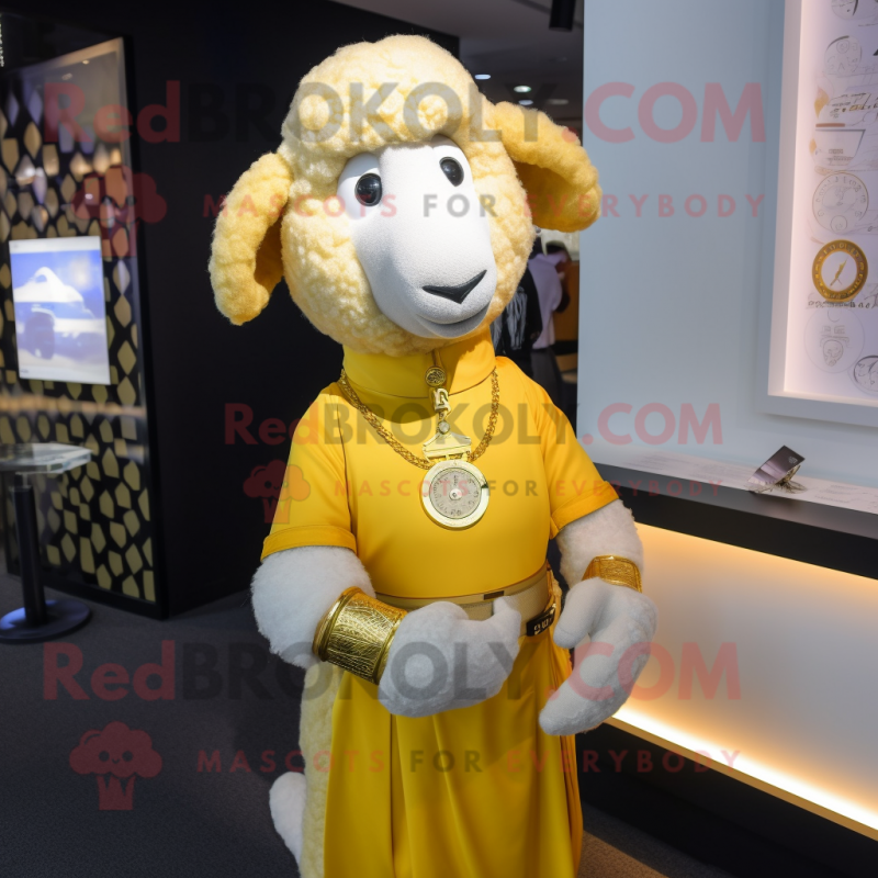 Gold Sheep mascot costume character dressed with a Sheath Dress and Digital watches