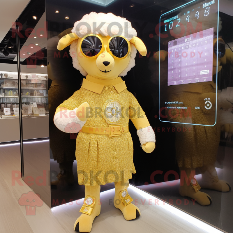Gold Sheep mascot costume character dressed with a Sheath Dress and Digital watches Gold Sheep mascot costume character dressed with a Sheath Dress and Digital watches