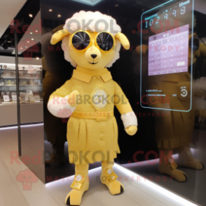 Gold Sheep mascot costume character dressed with a Sheath Dress and Digital watches