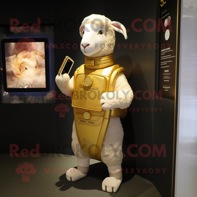 Gold Sheep mascot costume character dressed with a Sheath Dress and Digital watches