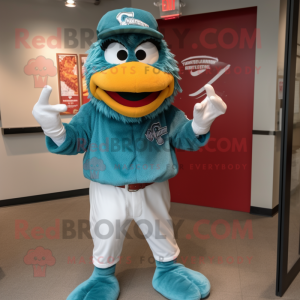 Teal Fried Chicken mascot costume character dressed with a Baseball Tee and Cufflinks