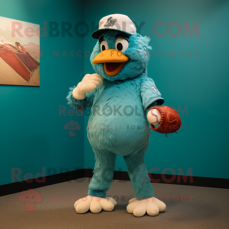 Teal Fried Chicken mascot costume character dressed with a Baseball Tee and Cufflinks Teal Fried Chicken mascot costume character dressed with a Baseball Tee and Cufflinks