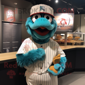 Teal Fried Chicken mascot costume character dressed with a Baseball Tee and Cufflinks