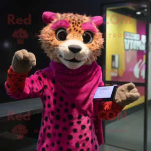 Magenta Cheetah mascot costume character dressed with a Rash Guard and Wallets