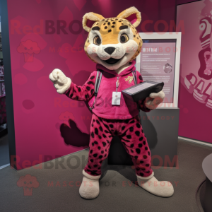 Magenta Cheetah mascot costume character dressed with a Rash Guard and Wallets