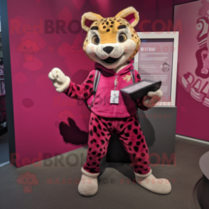 Magenta Cheetah mascot costume character dressed with a Rash Guard and Wallets