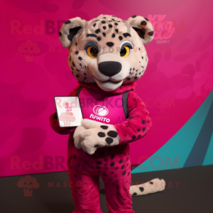 Magenta Cheetah mascot costume character dressed with a Rash Guard and Wallets