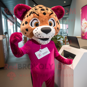 Magenta Cheetah mascot costume character dressed with a Rash Guard and Wallets