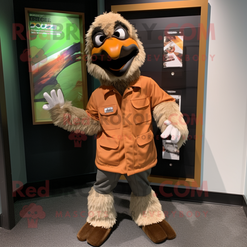 Brown Emu mascot costume character dressed with a Windbreaker and Cufflinks