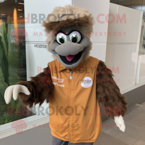 Brown Emu mascot costume character dressed with a Windbreaker and Cufflinks