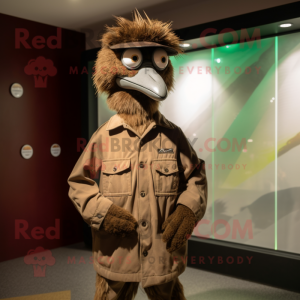 Brown Emu mascot costume character dressed with a Windbreaker and Cufflinks