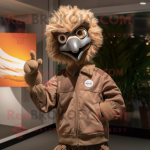 Brown Emu mascot costume character dressed with a Windbreaker and Cufflinks