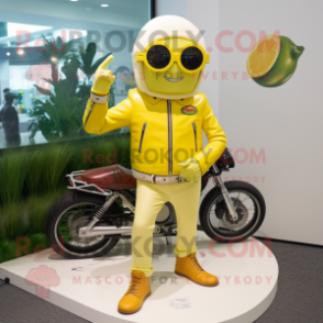 Lemon Yellow Lemon mascot costume character dressed with a Moto Jacket and Eyeglasses