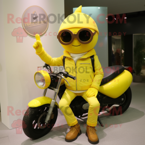 Lemon Yellow Lemon mascot costume character dressed with a Moto Jacket and Eyeglasses