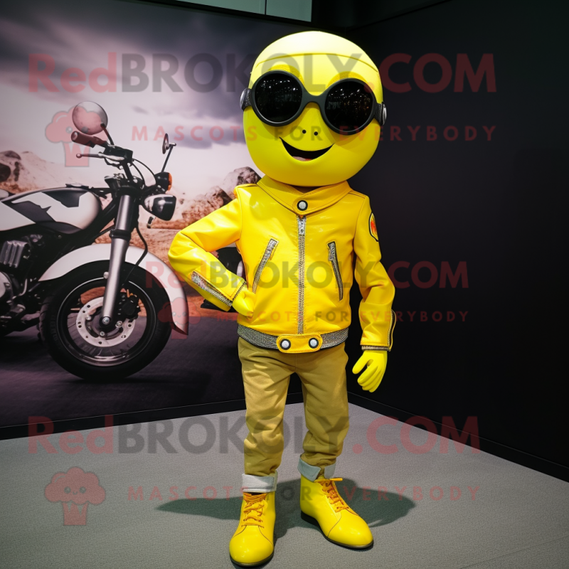 Lemon Yellow Lemon mascot costume character dressed with a Moto Jacket and Eyeglasses