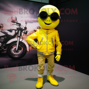 Lemon Yellow Lemon mascot costume character dressed with a Moto Jacket and Eyeglasses