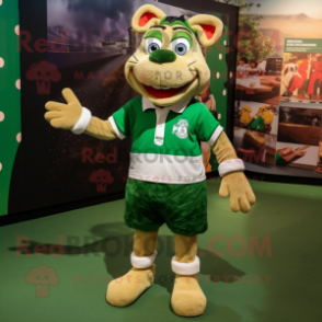 Green Moussaka mascot costume character dressed with a Rugby Shirt and Shoe laces