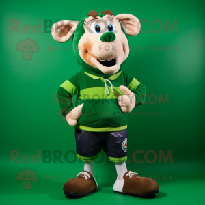 Green Moussaka mascot costume character dressed with a Rugby Shirt and Shoe laces