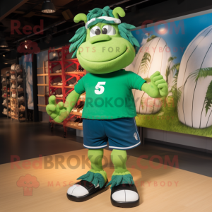 Green Moussaka mascot costume character dressed with a Rugby Shirt and Shoe laces