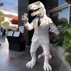 White Tyrannosaurus mascot costume character dressed with a Sheath Dress and Lapel pins