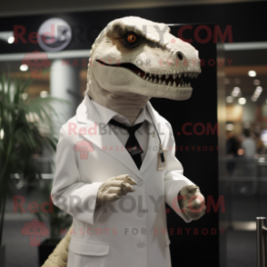 White Tyrannosaurus mascot costume character dressed with a Sheath Dress and Lapel pins