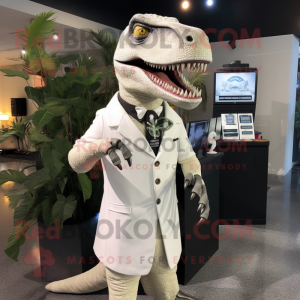 White Tyrannosaurus mascot costume character dressed with a Sheath Dress and Lapel pins