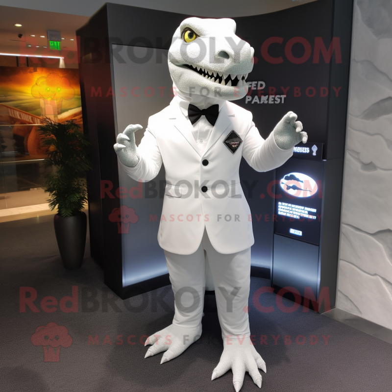 White Tyrannosaurus mascot costume character dressed with a Sheath Dress and Lapel pins