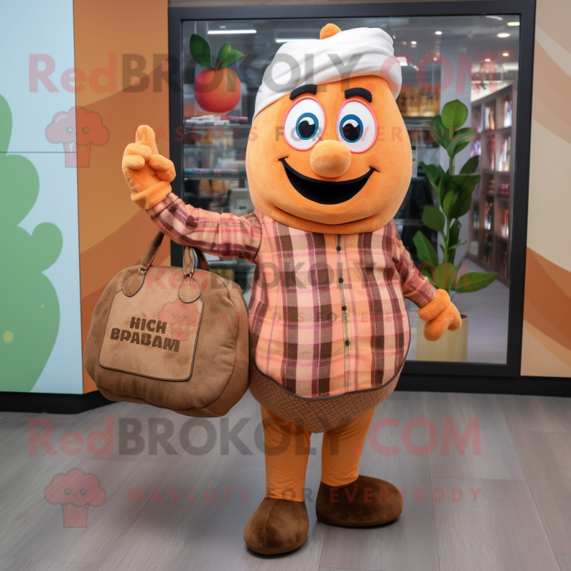 Peach Biryani mascot costume character dressed with a Flannel Shirt and Briefcases Peach Biryani mascot costume character dressed with a Flannel Shirt and Briefcases