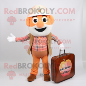 Peach Biryani mascot costume character dressed with a Flannel Shirt and Briefcases