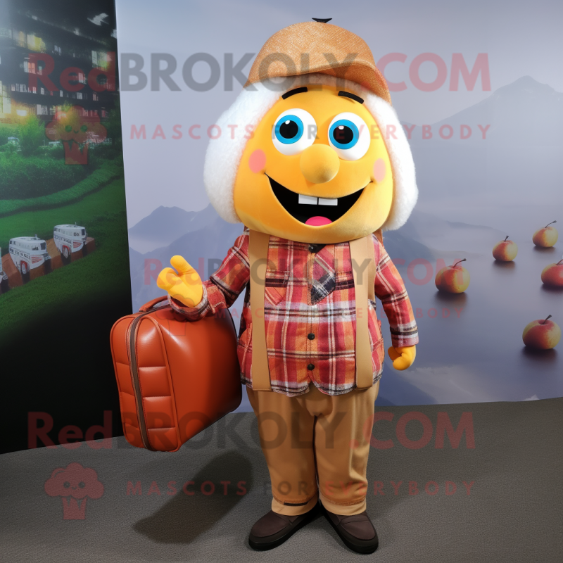 Peach Biryani mascot costume character dressed with a Flannel Shirt and Briefcases