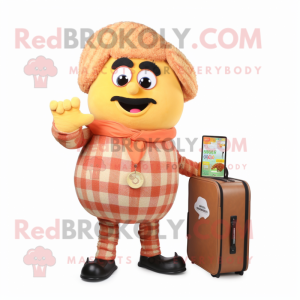 Peach Biryani mascot costume character dressed with a Flannel Shirt and Briefcases