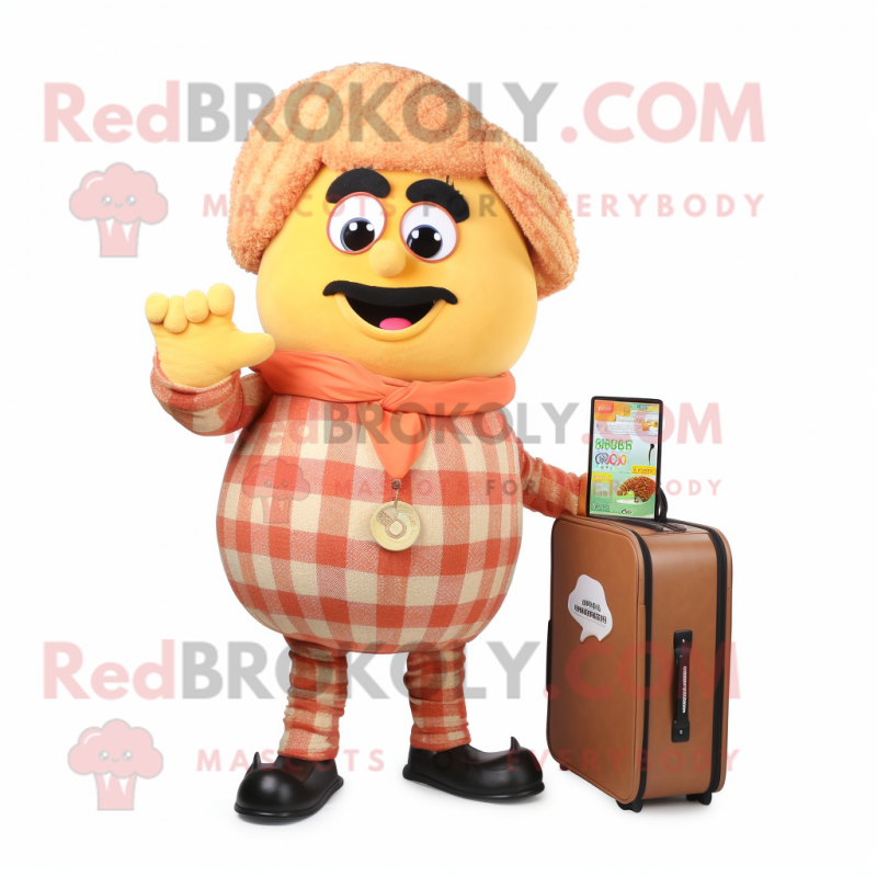 Peach Biryani mascot costume character dressed with a Flannel Shirt and Briefcases