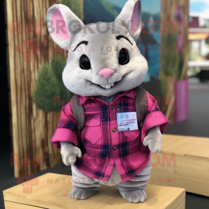 Magenta Chinchilla mascot costume character dressed with a Flannel Shirt and Suspenders