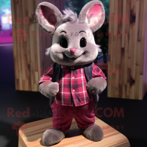 Magenta Chinchilla mascot costume character dressed with a Flannel Shirt and Suspenders