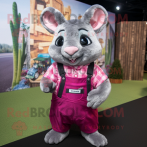 Magenta Chinchilla mascot costume character dressed with a Flannel Shirt and Suspenders