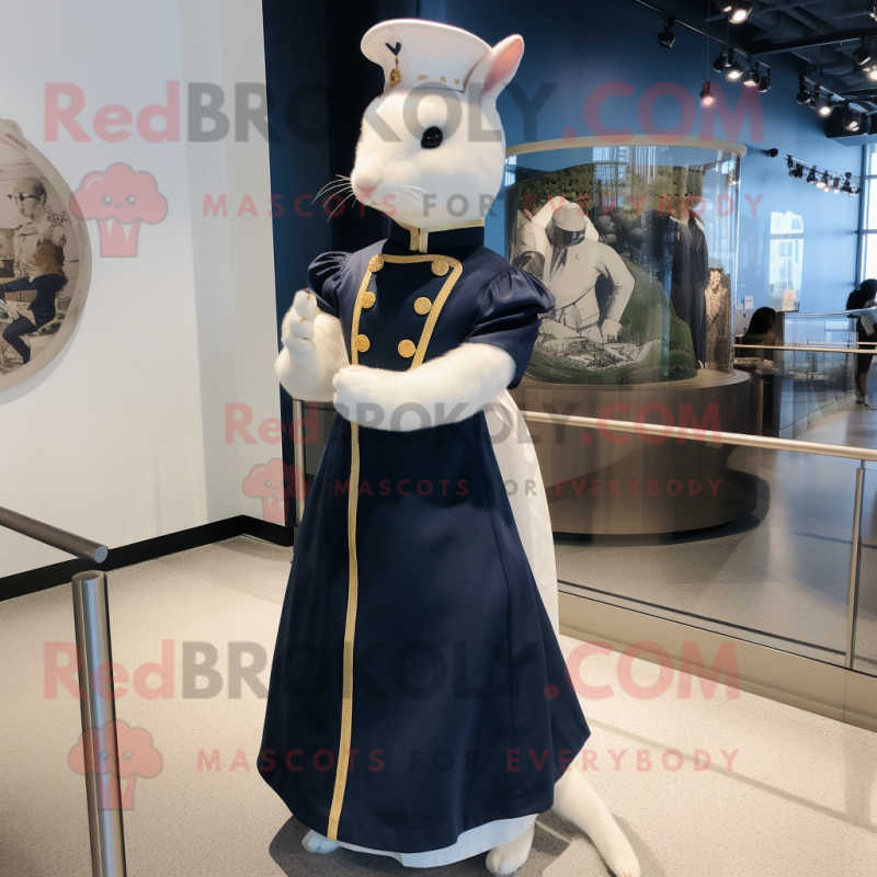 Navy Ermine mascot costume character dressed with a Empire Waist Dress and Brooches Navy Ermine mascot costume character dressed with a Empire Waist Dress and Brooches