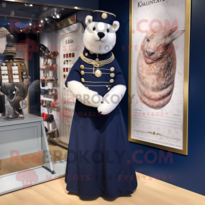 Navy Ermine mascot costume character dressed with a Empire Waist Dress and Brooches