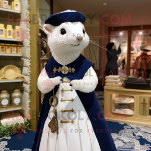 Navy Ermine mascot costume character dressed with a Empire Waist Dress and Brooches