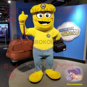 Yellow Baseball Glove mascot costume character dressed with a Jeans and Briefcases