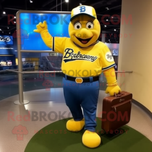 Yellow Baseball Glove mascot costume character dressed with a Jeans and Briefcases