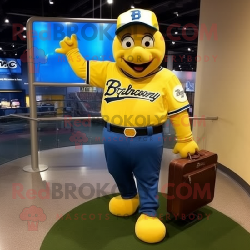 Yellow Baseball Glove mascot costume character dressed with a Jeans and Briefcases Yellow Baseball Glove mascot costume character dressed with a Jeans and Briefcases